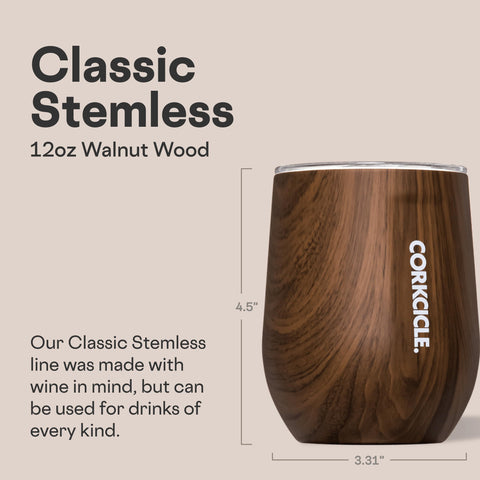 Corkcicle stemless 12oz with easy-grip flat sides for secure handling