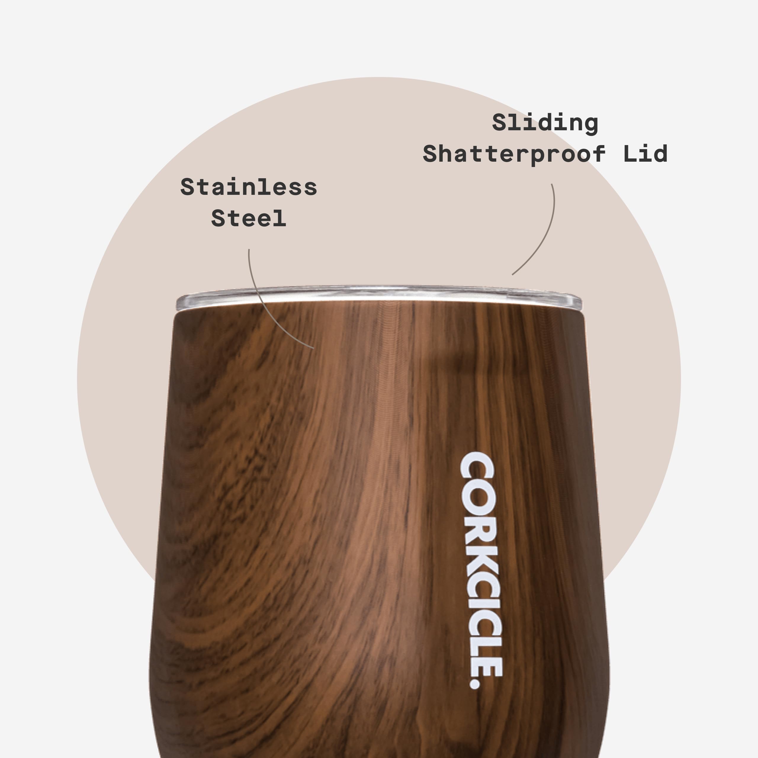 Walnut wood cap adds warm style to this reusable tumbler