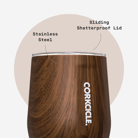 Walnut wood cap adds warm style to this reusable tumbler