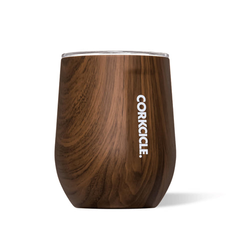 Corkcicle Stemless 12oz wine glass with walnut wood finish for elegant serving