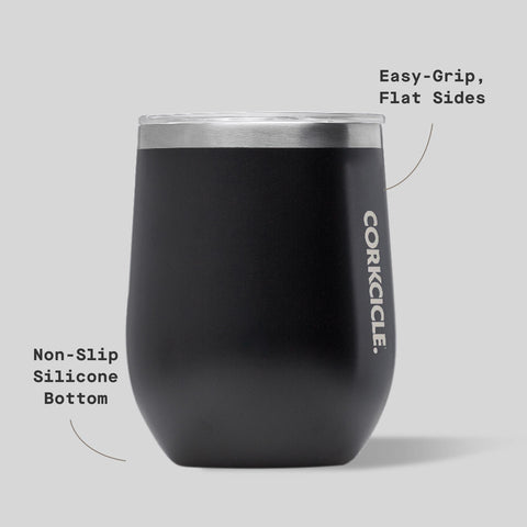 Corkcicle Stemless Wine Tumbler 12 oz in matte black ideal for patio gatherings.