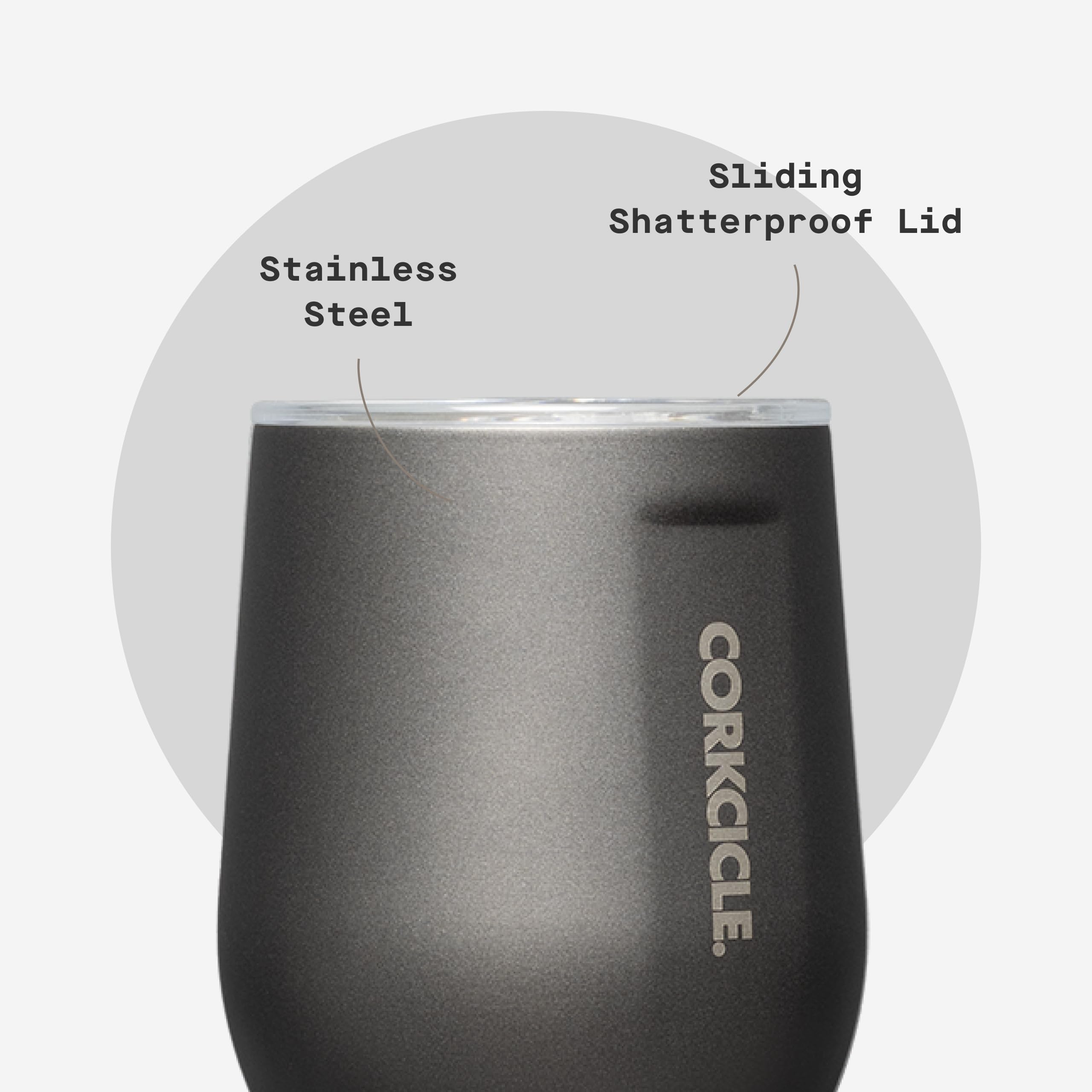 Corkcicle Stemless in ceramic slate finish adds modern style.