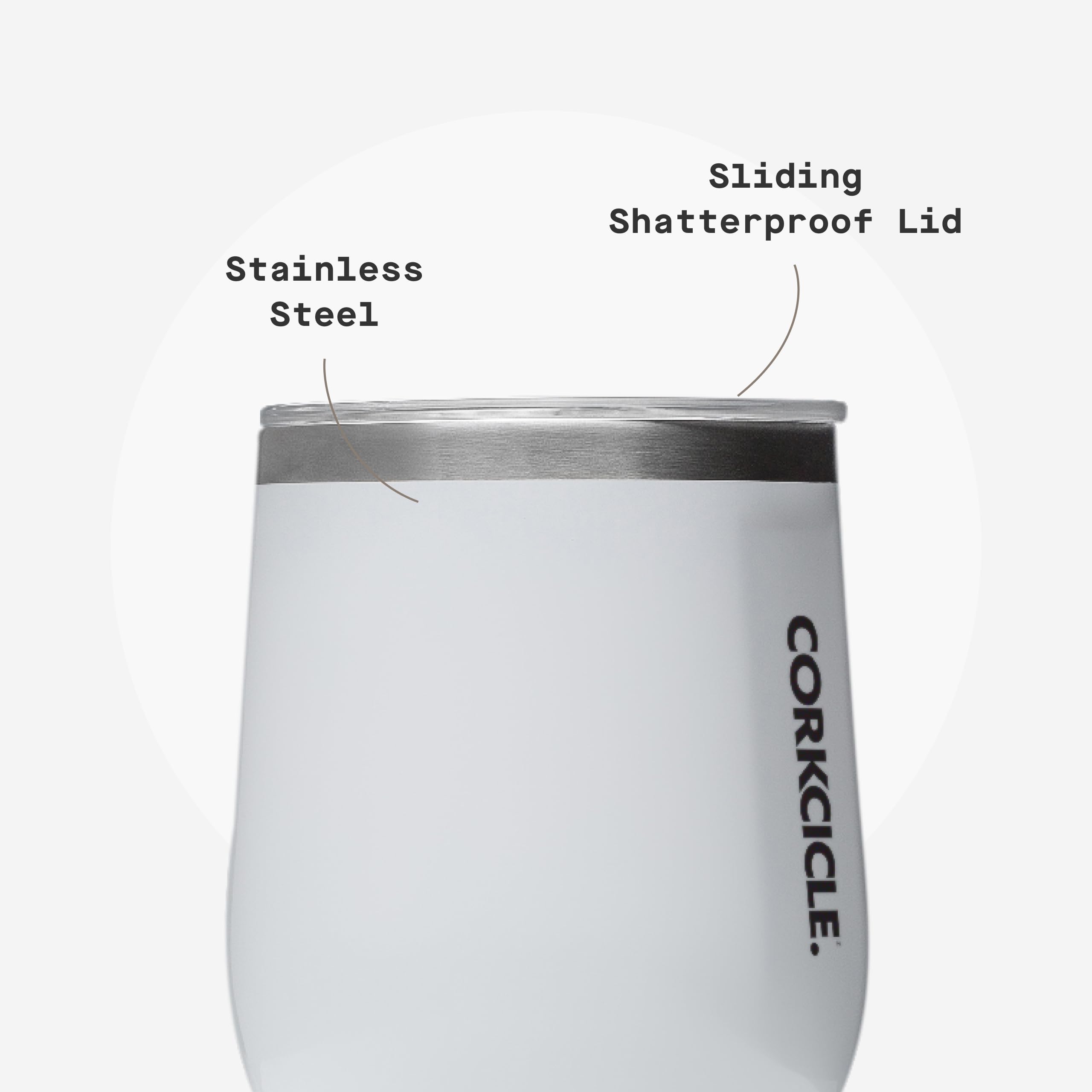 Corkcicle Stemless Wine Tumbler gloss white on desk with cold beverages.