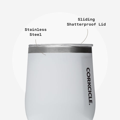 Corkcicle Stemless Wine Tumbler gloss white on desk with cold beverages.