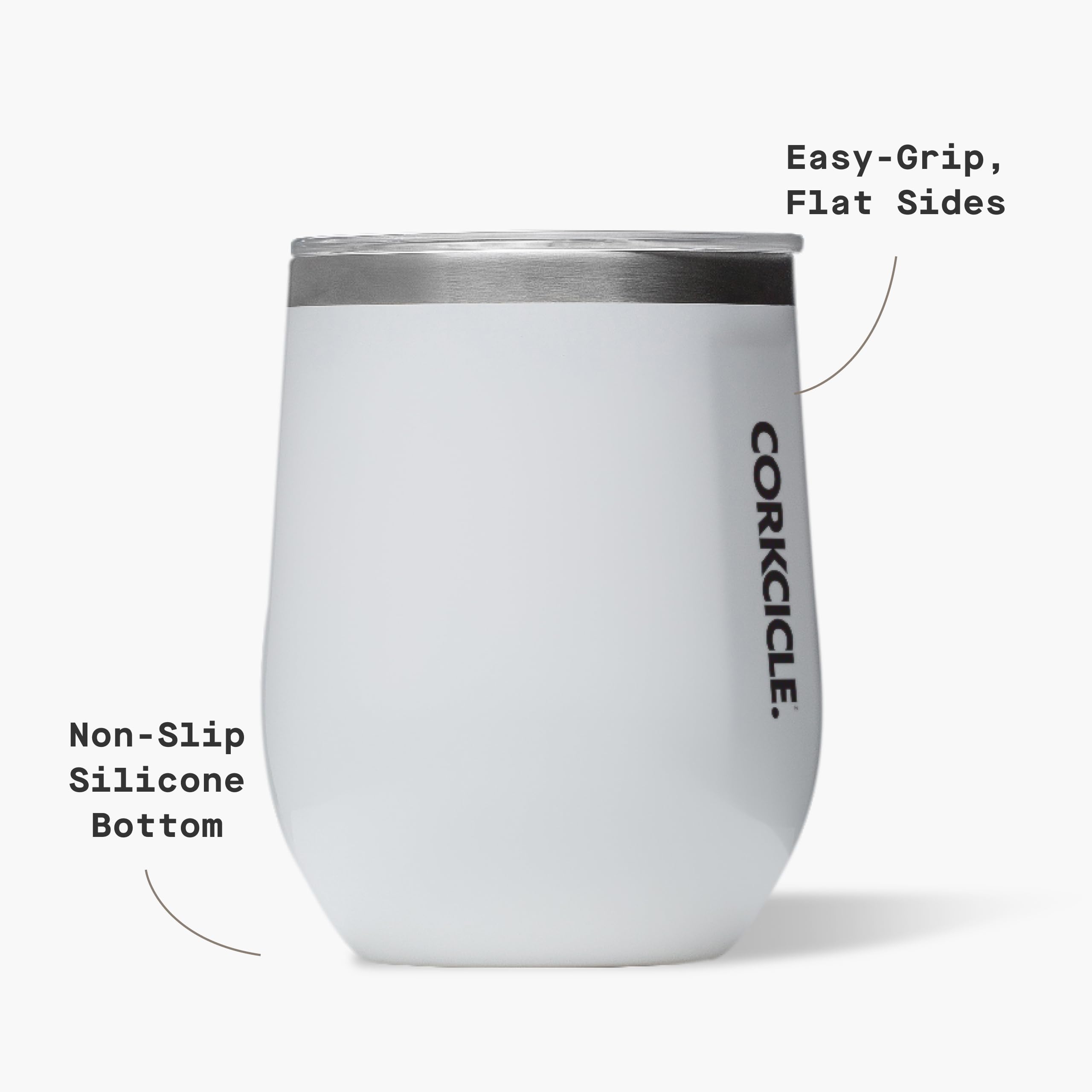 Corkcicle Stemless Wine Tumbler gloss white in hand illustrates everyday use.