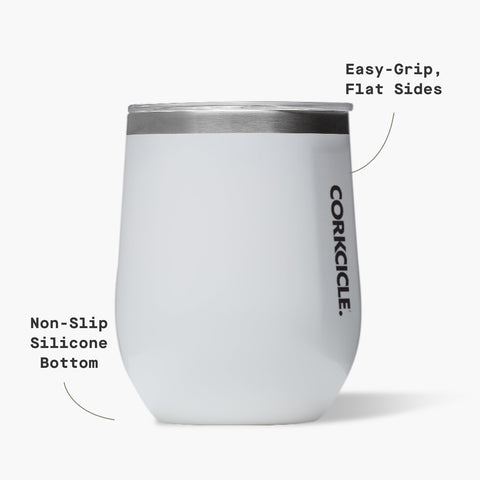 Corkcicle Stemless Wine Tumbler gloss white in hand illustrates everyday use.