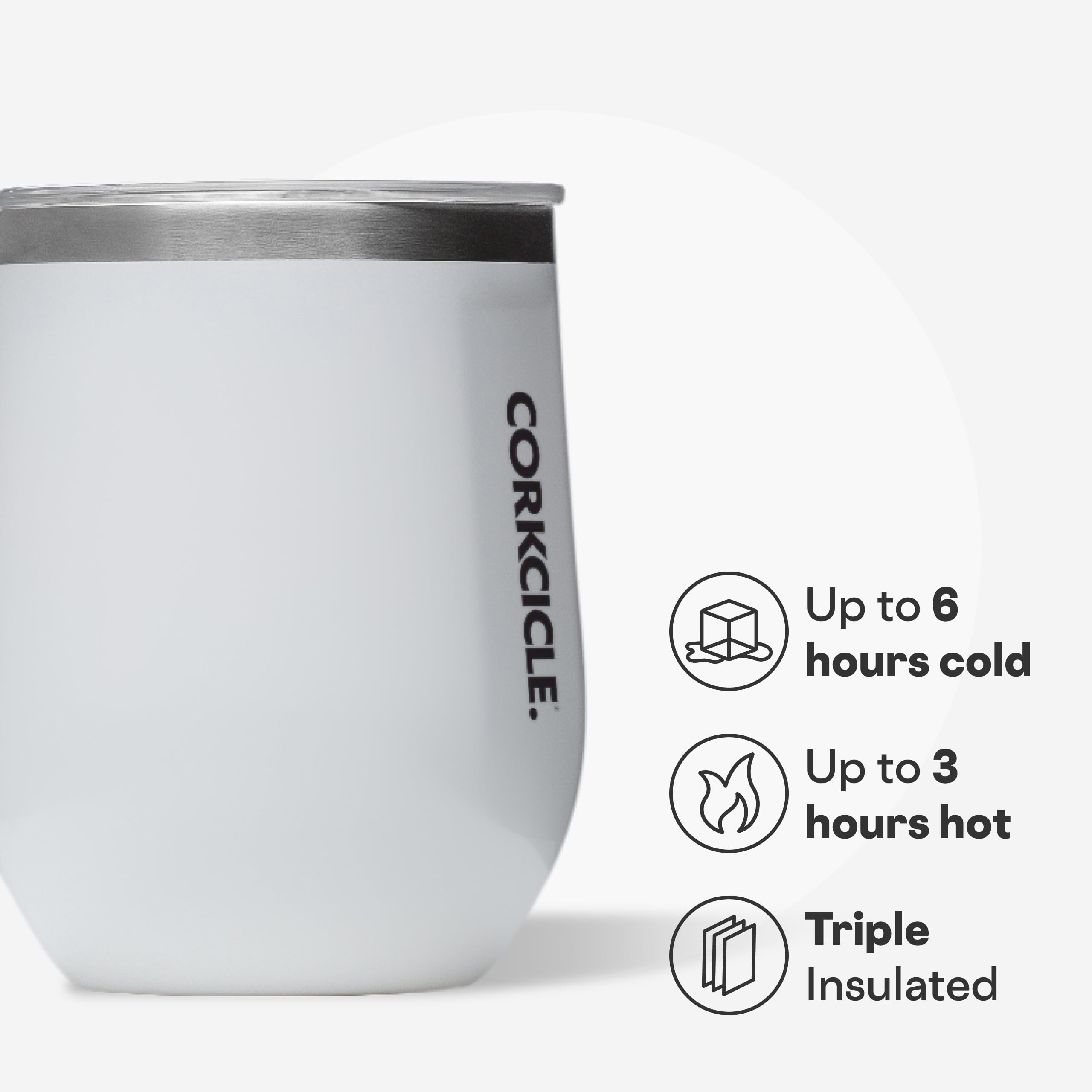 Corkcicle Stemless Wine Tumbler gloss white lid shows slide lid for spill control.