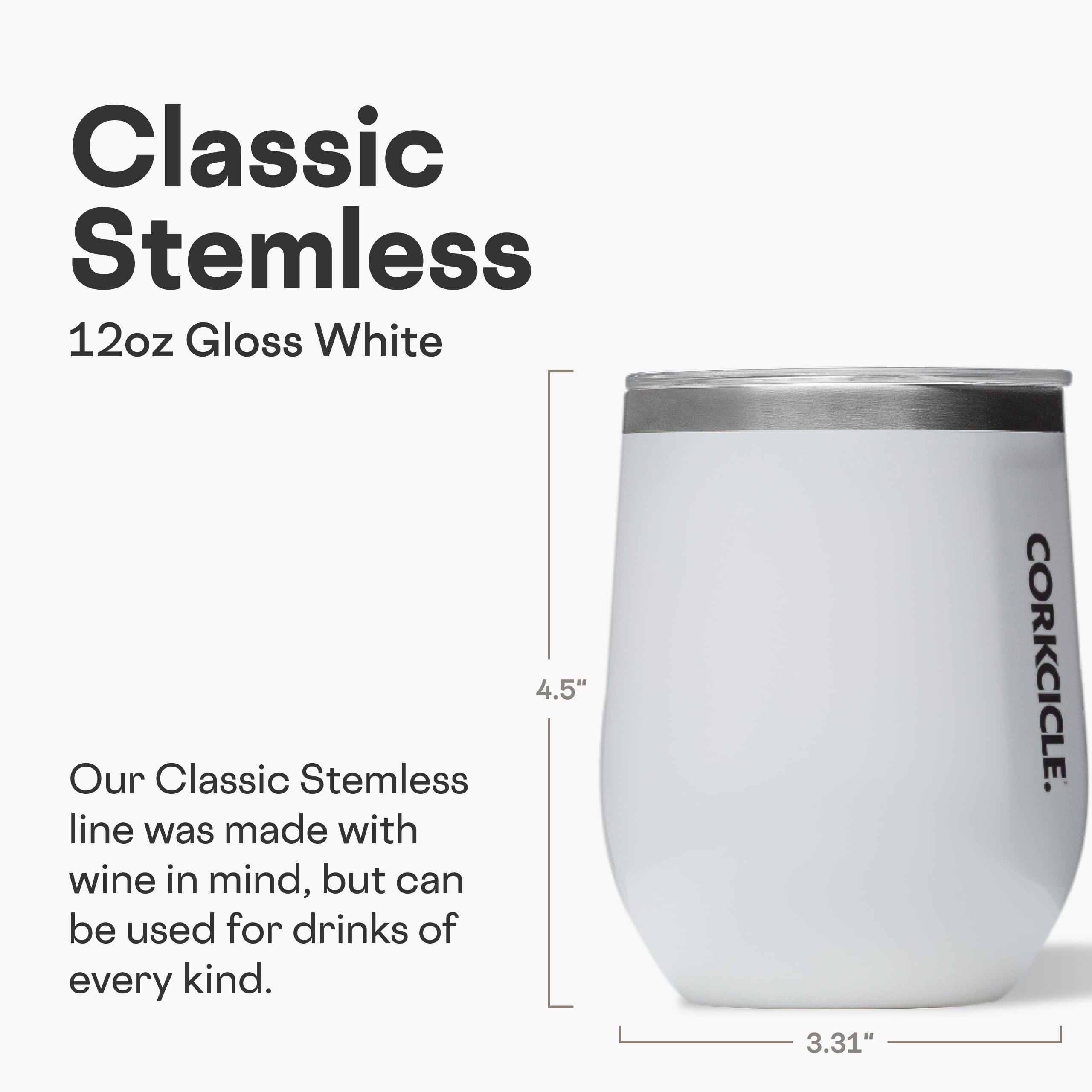 Corkcicle Stemless Wine Tumbler gloss white side view with slip-resistant grip for travel.