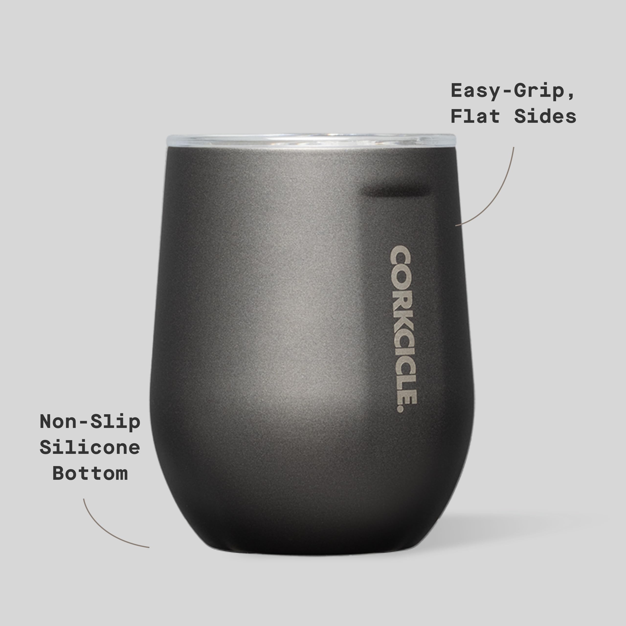 Corkcicle Stemless with non-slip base stays stable on various surfaces.