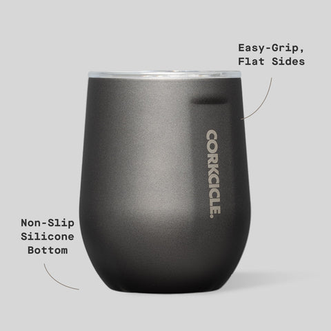 Corkcicle Stemless with non-slip base stays stable on various surfaces.