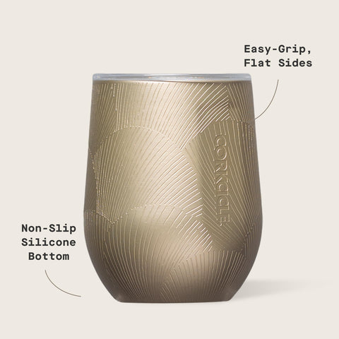 Non-slip base helps steady drinks on tables with Corkcicle stemless tumbler.