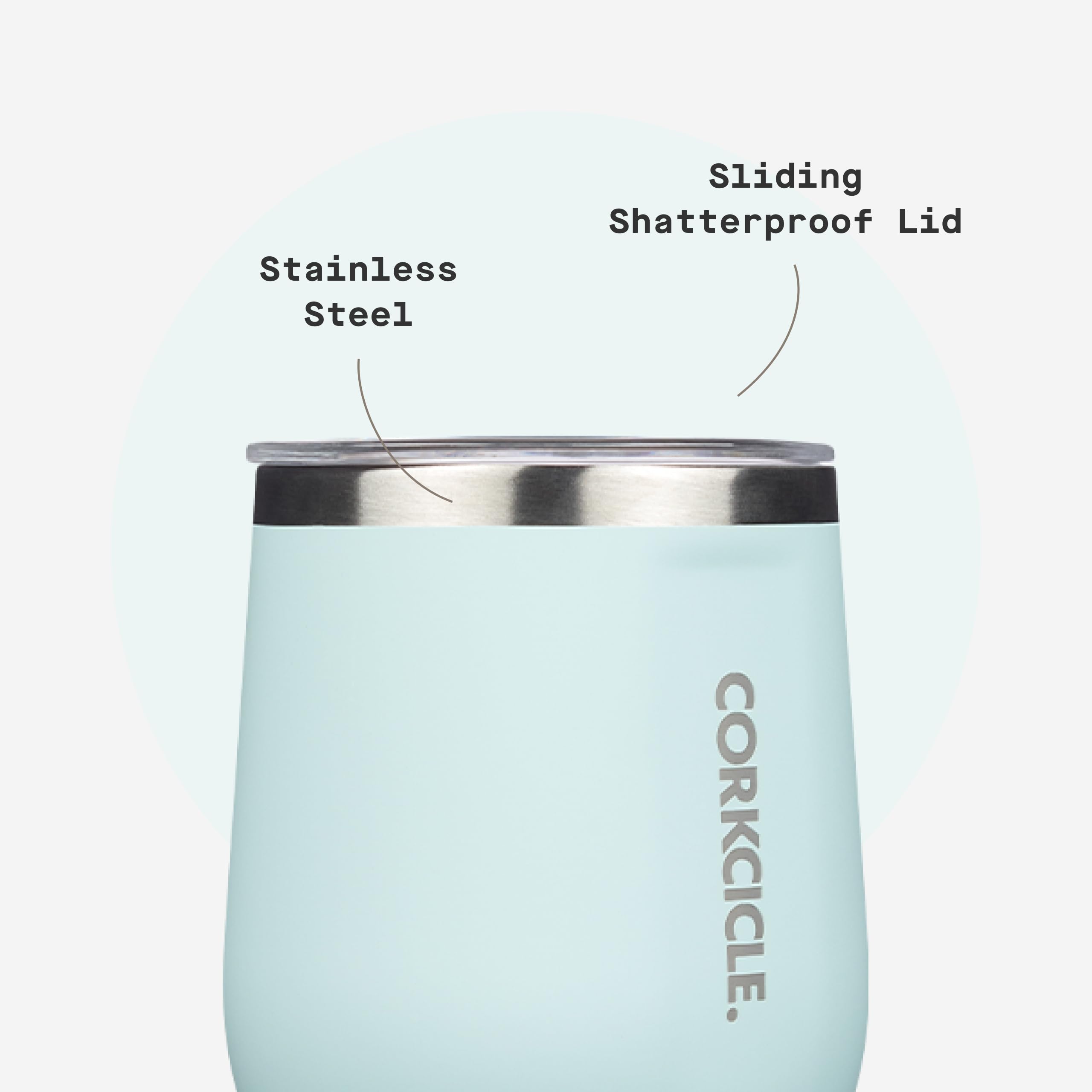 Corkcicle Stemless Tumbler Powder Blue in-use cooling for hours