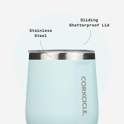 Corkcicle Stemless Tumbler Powder Blue in-use cooling for hours