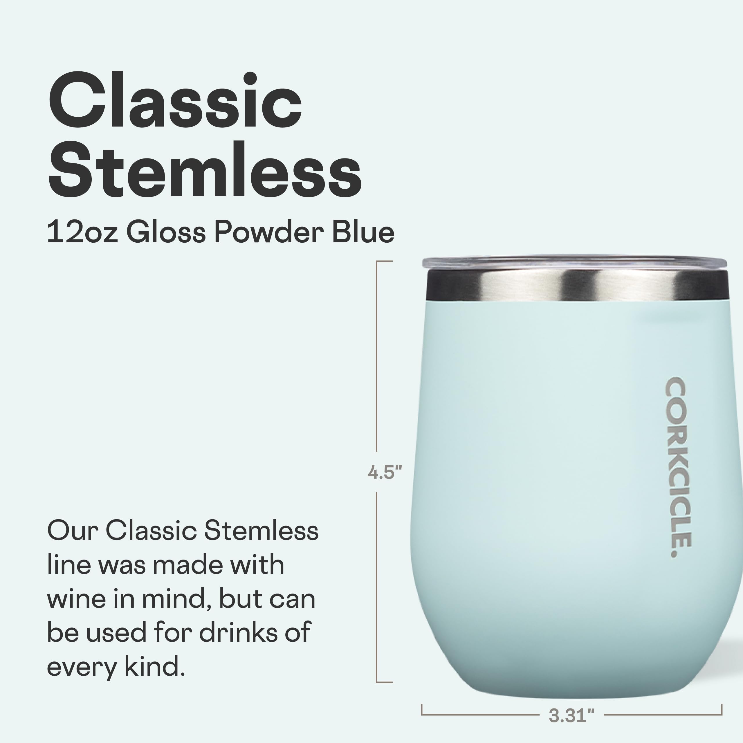 Corkcicle Stemless Tumbler Powder Blue, lid close-up, spill-preventing sliding lid