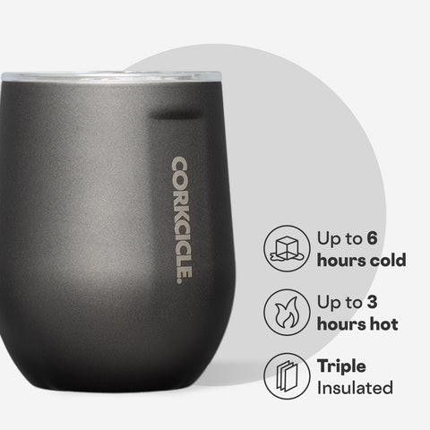 Corkcicle Stemless with slide lid prevents spills while maintaining temperature.