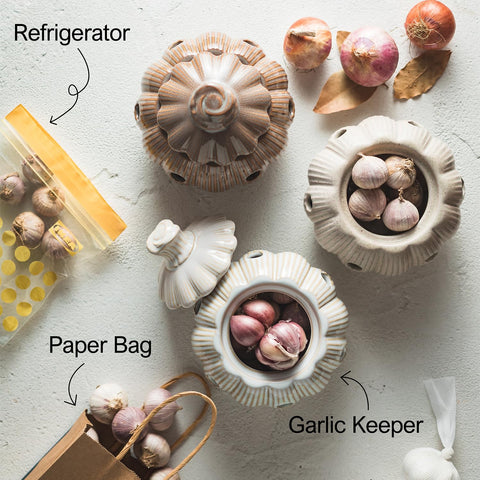 Cormomu ceramic garlic keeper in white adds stylish counter storage