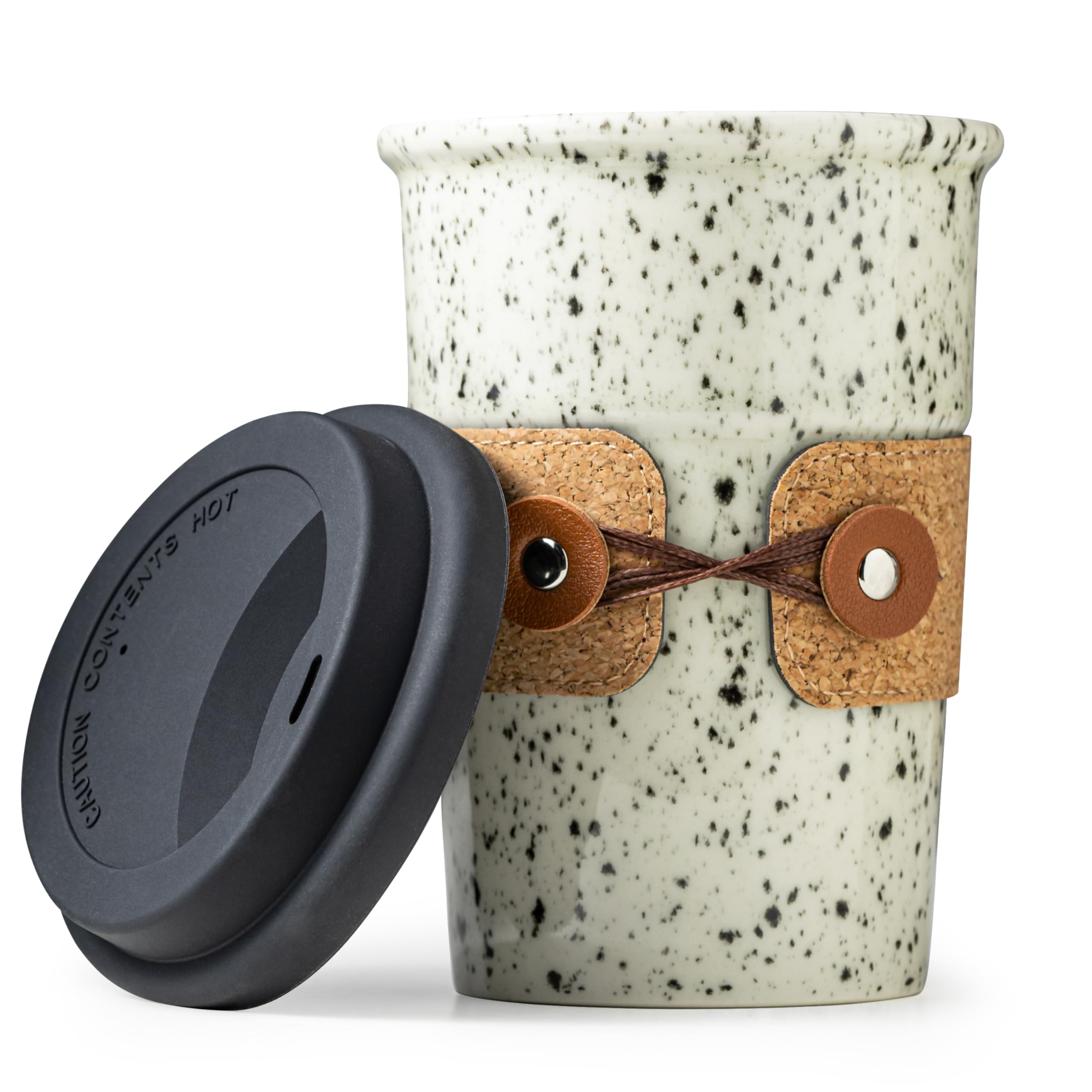 Cormomu ceramic mug with lid for spill-free travel and fresh coffee on the go.