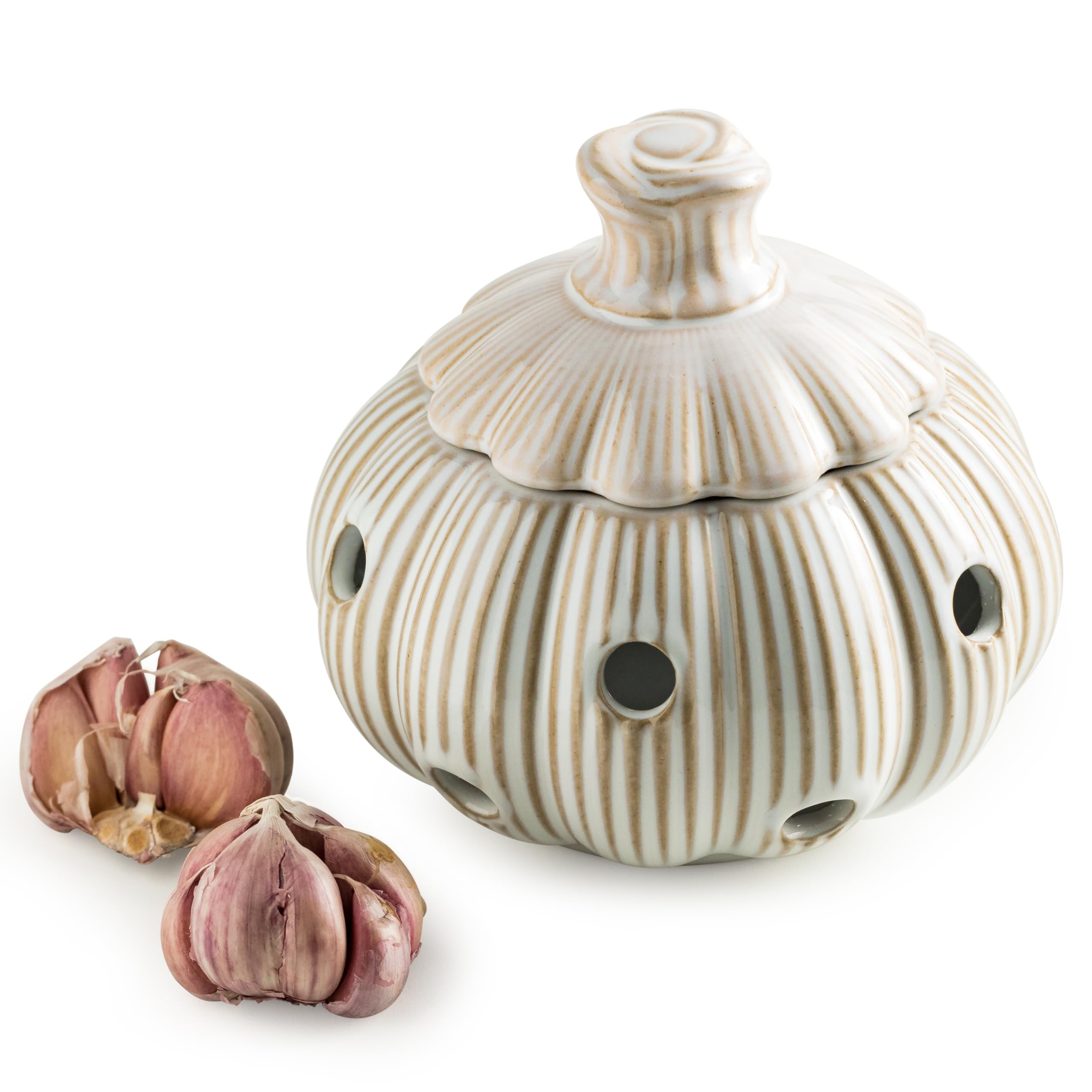 Cormomu garlic storage pod with ceramic lid keeps garlic fresh and organized