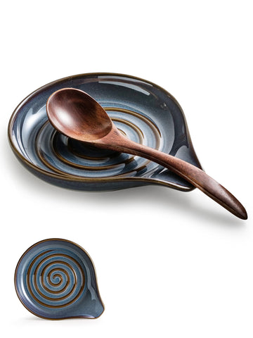 Cormomu spoon holder with swirl glaze enhances decor while keeping utensils accessible.