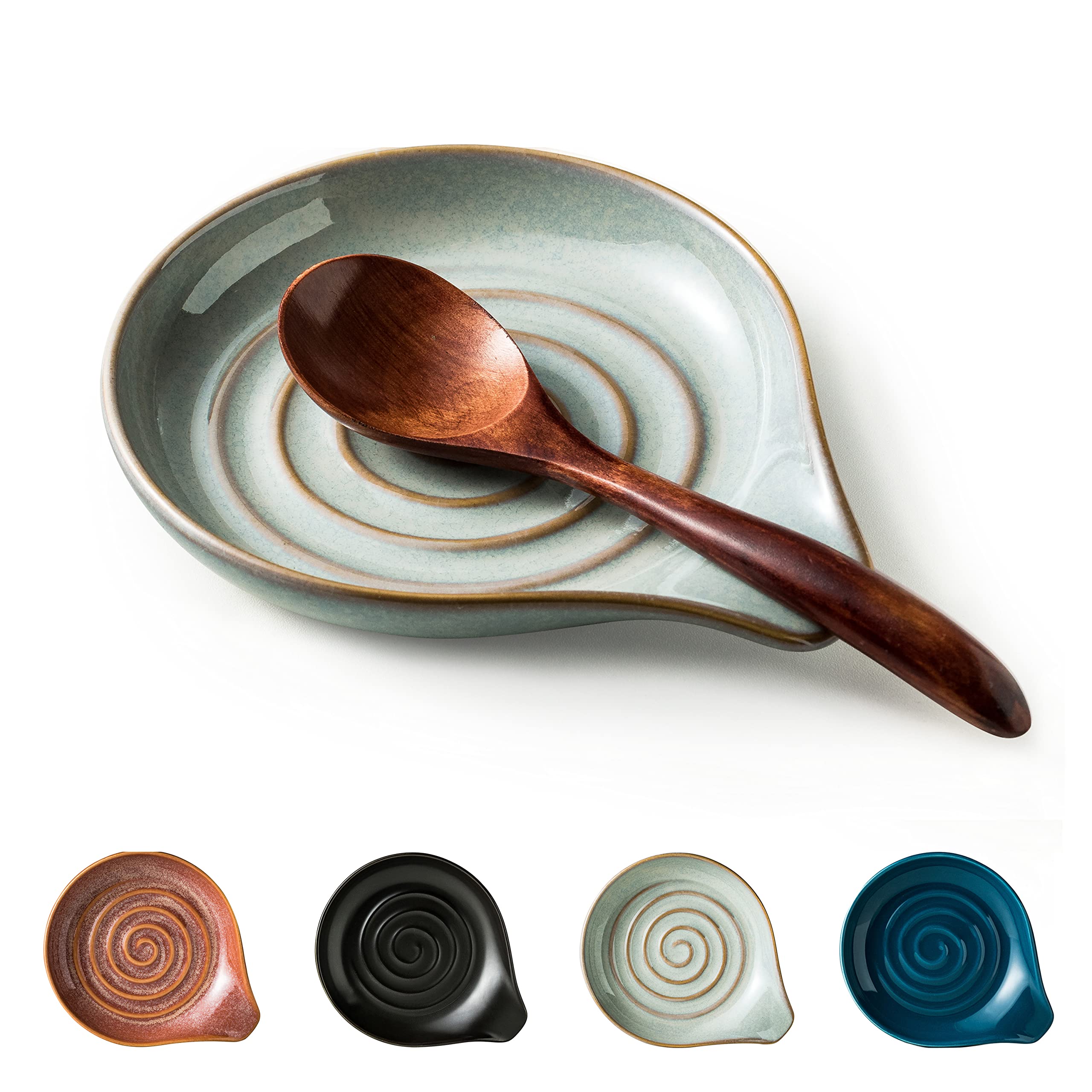 Cormomu spoon rest on stovetop; durable ceramic keeps utensils tidy during busy cooking.