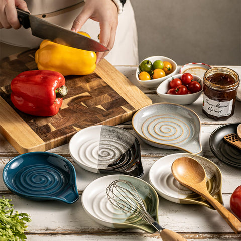 Reactive glaze and gray finish complement modern kitchen décor.