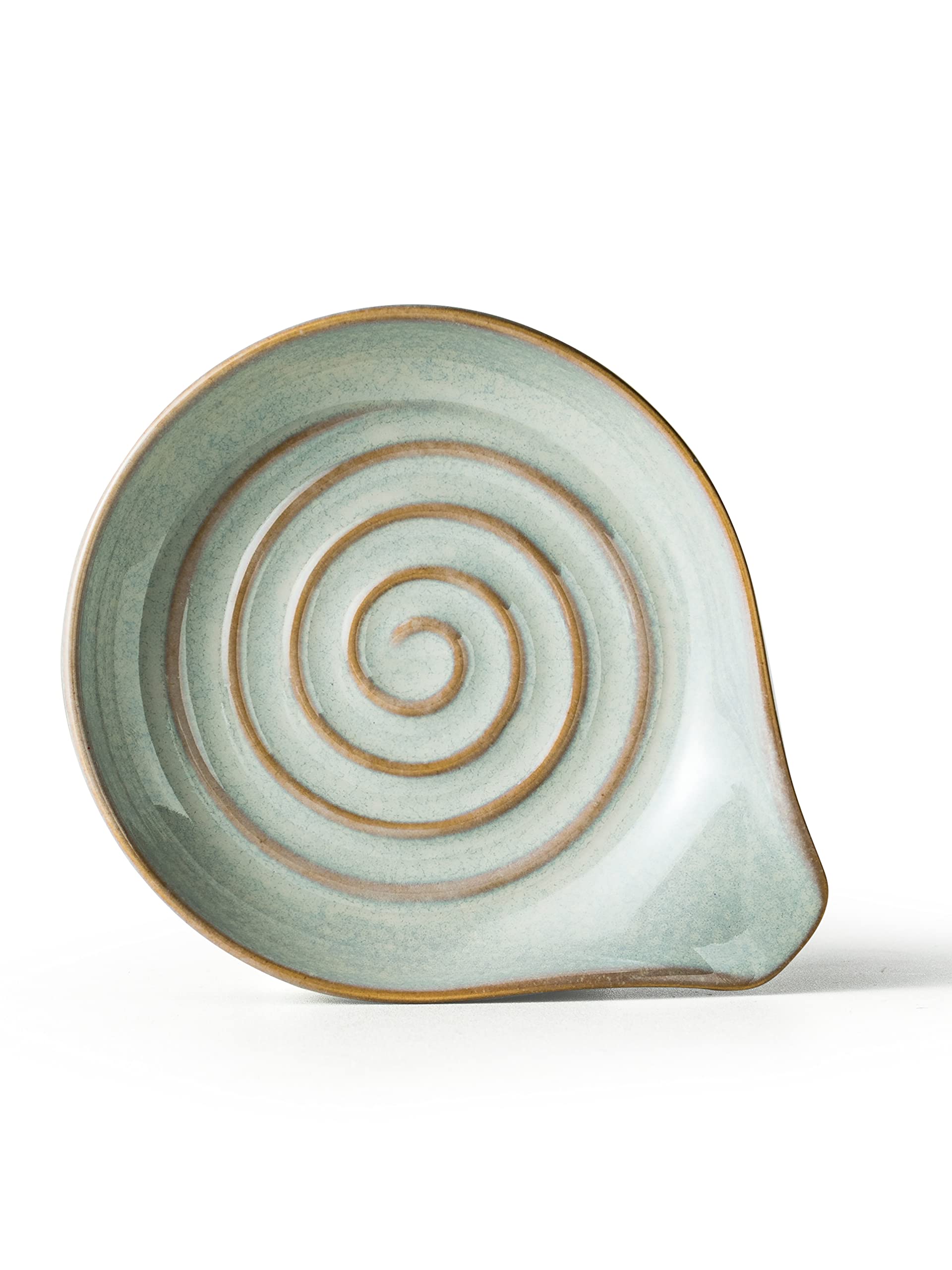 Cormomu spoon rest with glossy glaze; swirl centerpiece adds stylish counter decor.
