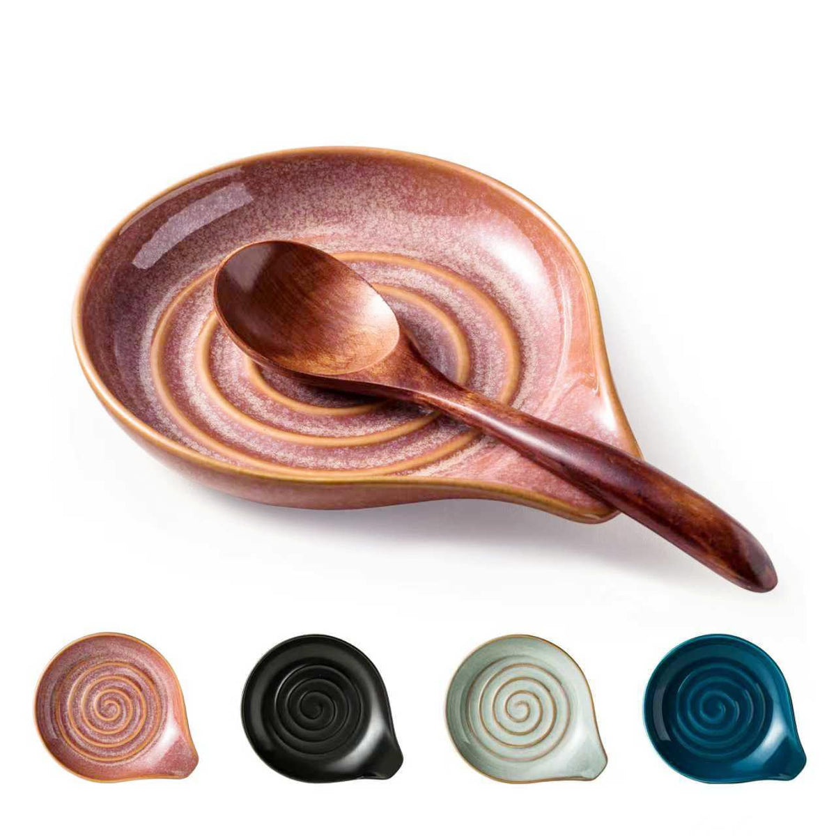 Cormomu spoon rest with swirl red glaze on a counter, keeping utensils tidy.