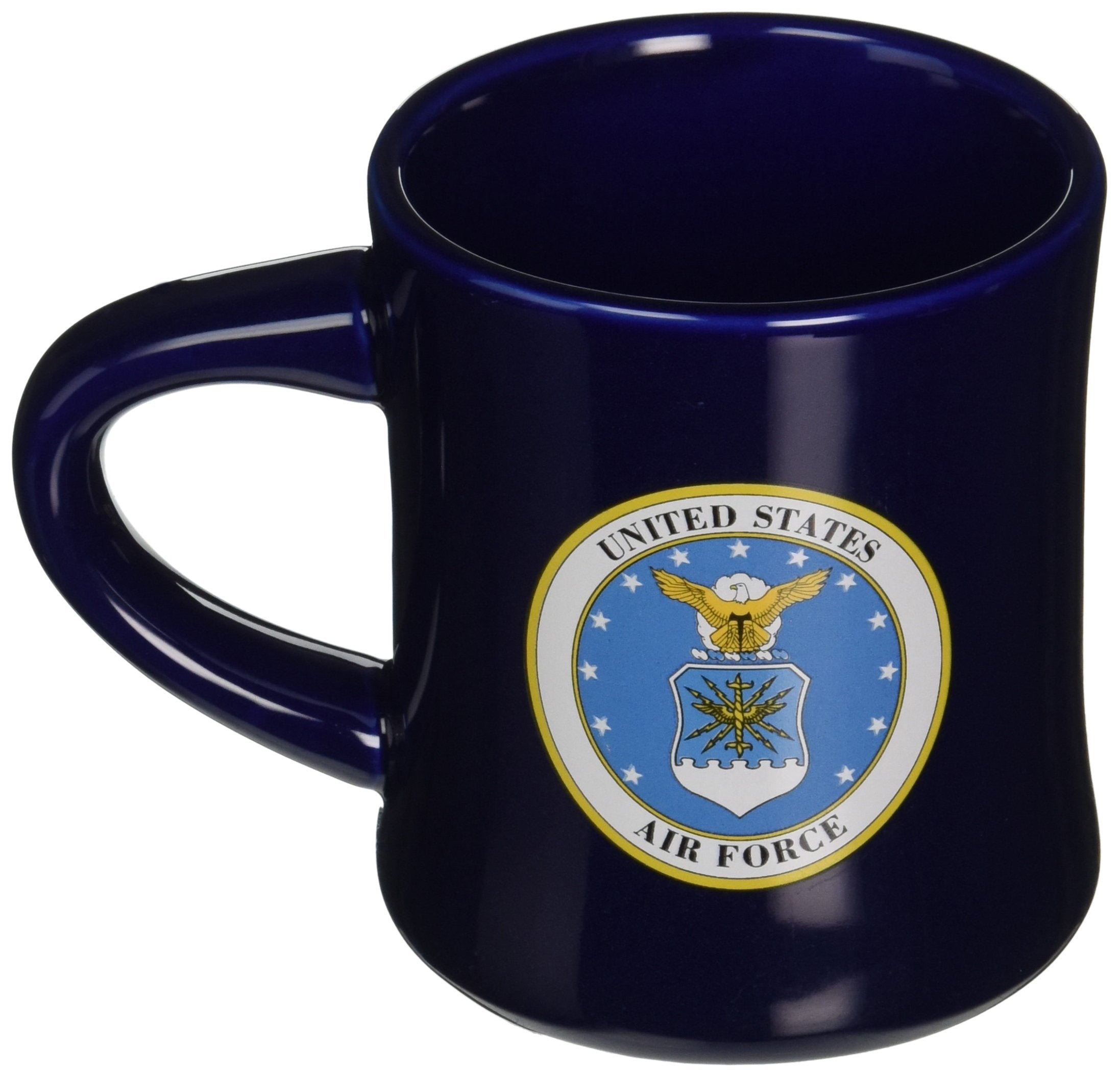 Cornell U.S. Air Force mug in blue glaze, side view highlighting the logo for desk use