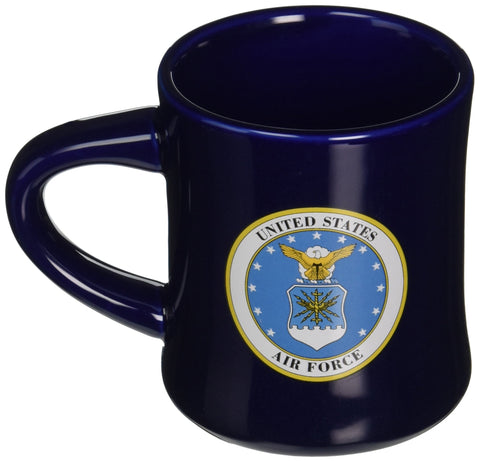 Cornell U.S. Air Force mug in blue glaze, side view highlighting the logo for desk use