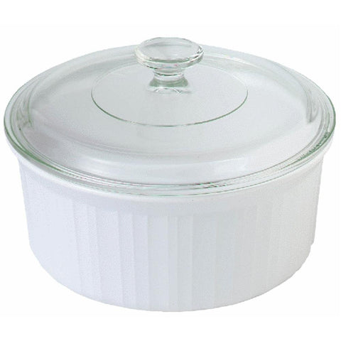 CorningWare 2-1/2-quart round French White casserole with lid, ideal for oven-to-table meals.