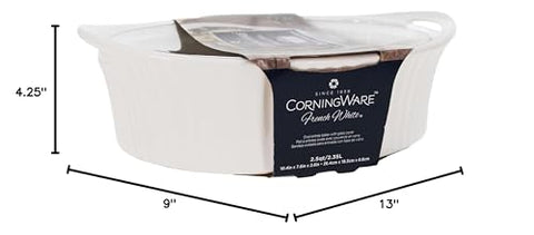 CorningWare French White oval casserole on kitchen scene emphasizing durability.
