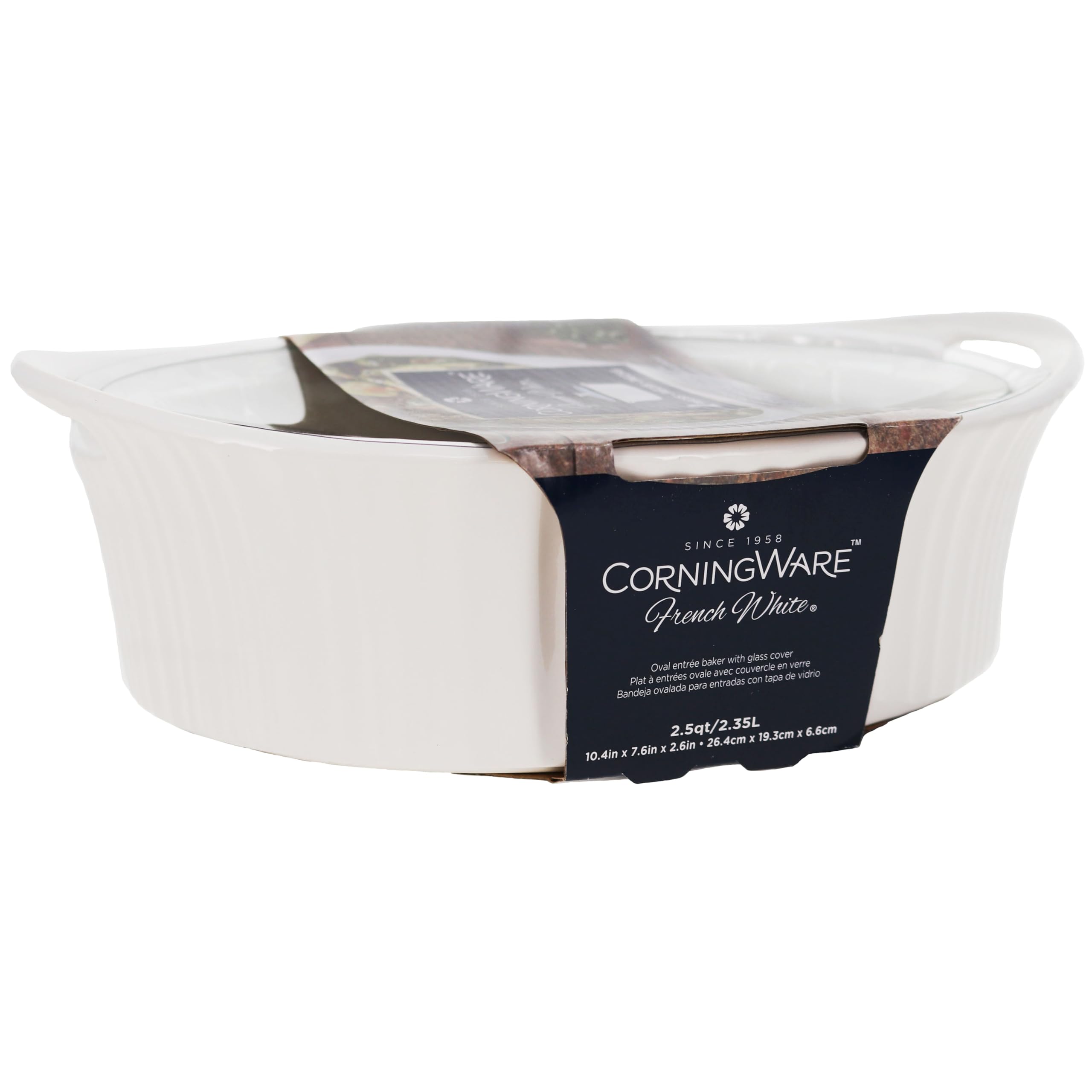 CorningWare French White oval casserole on table, ready to serve.