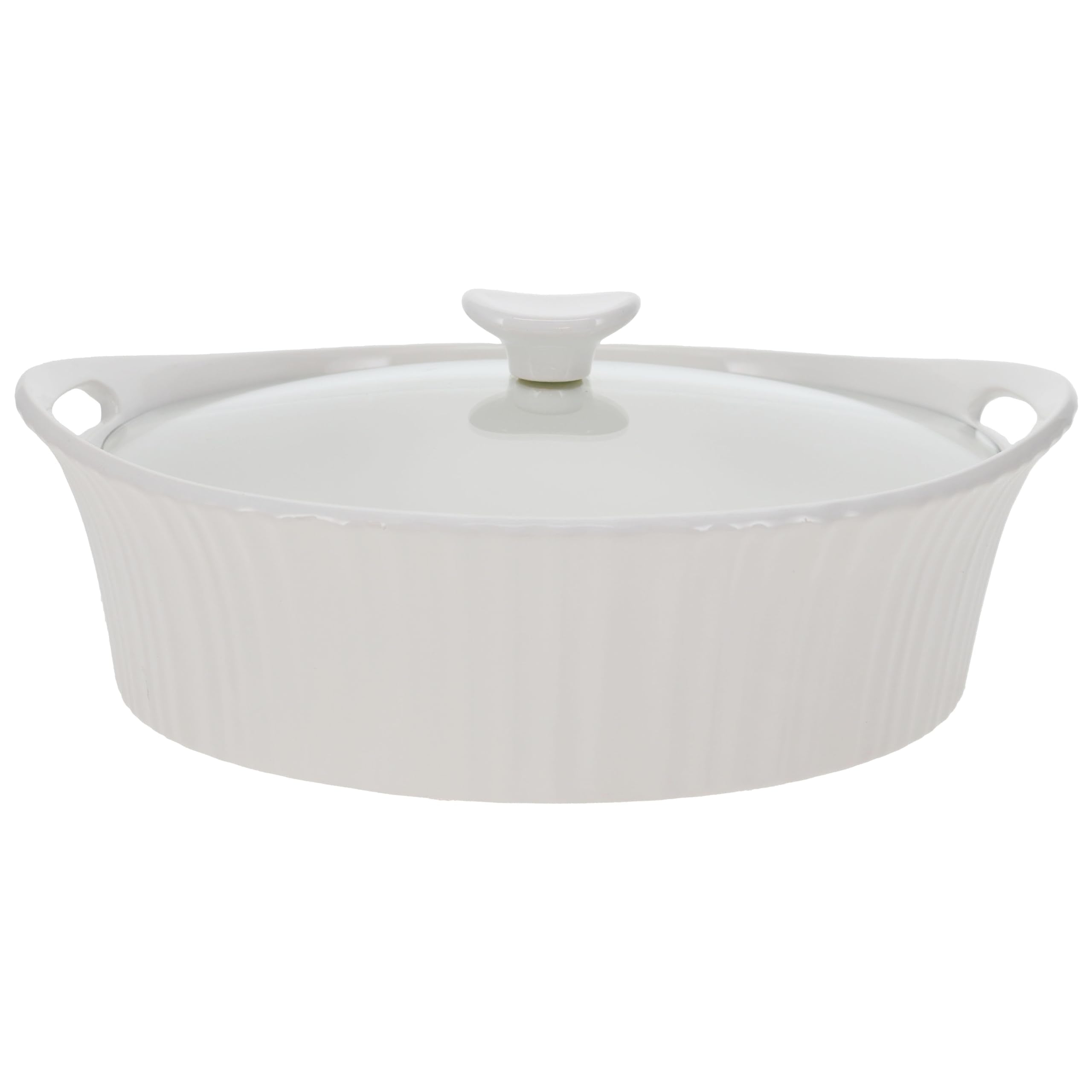 CorningWare French White oval casserole with glass lid, ideal for oven-to-table use.