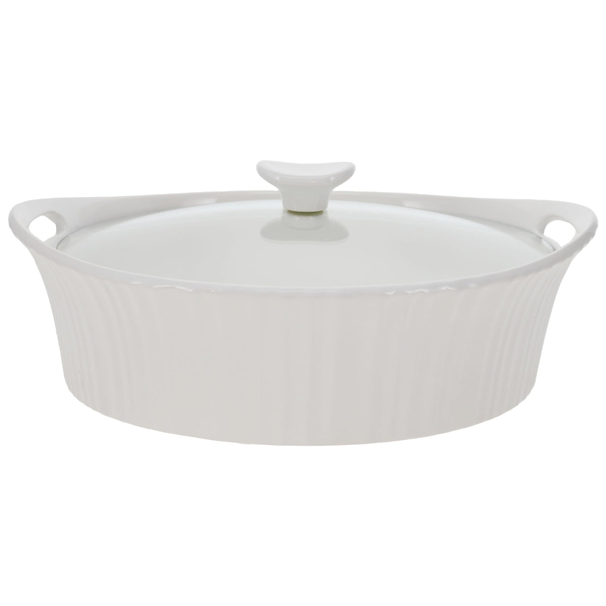 CorningWare French White oval casserole with glass lid, ideal for oven-to-table use.