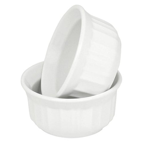 CorningWare RS4 4oz round French white ramkins bowl, ideal for baking portions and serving.