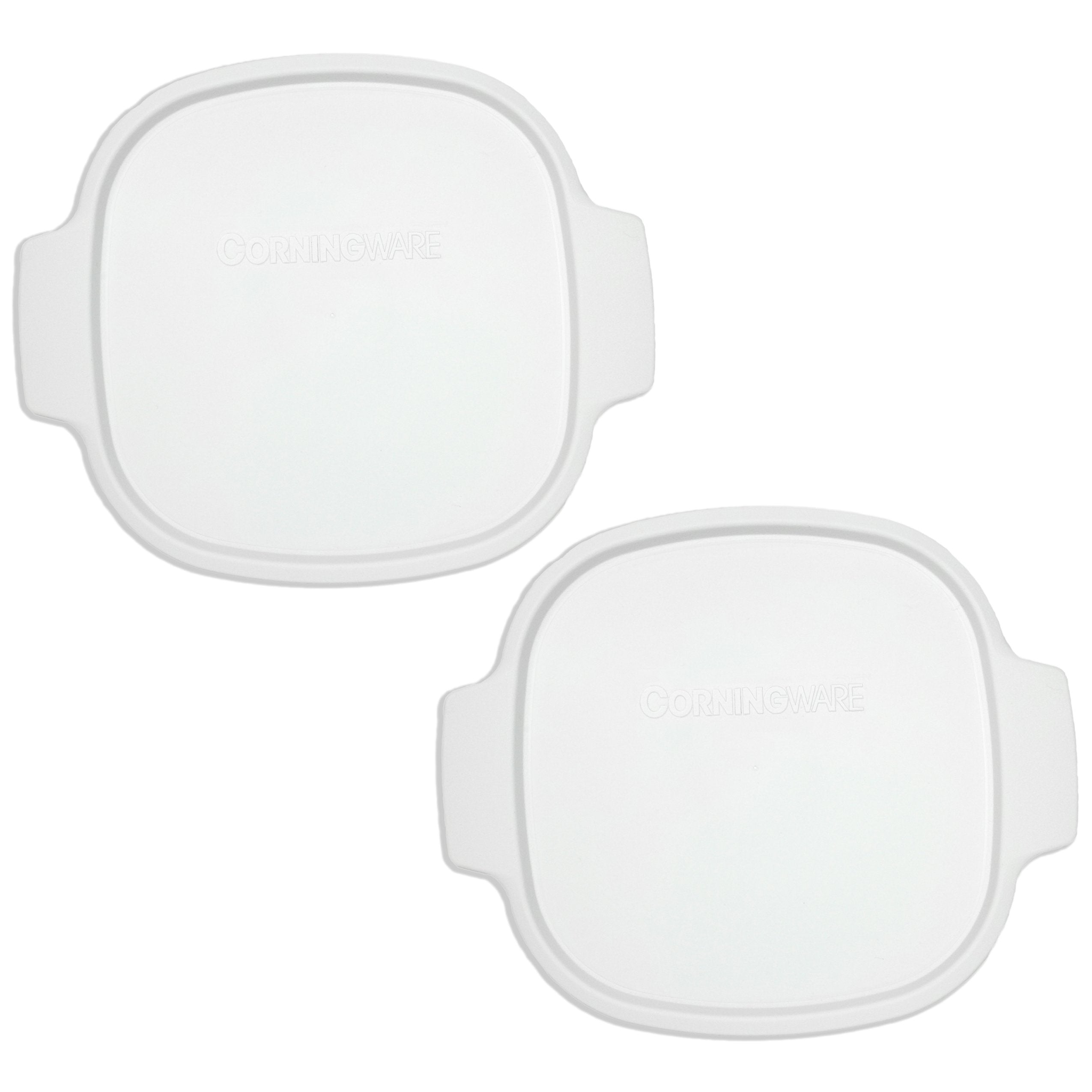 Corningware stovetop lid on square white container ensures airtight seal for leftovers.