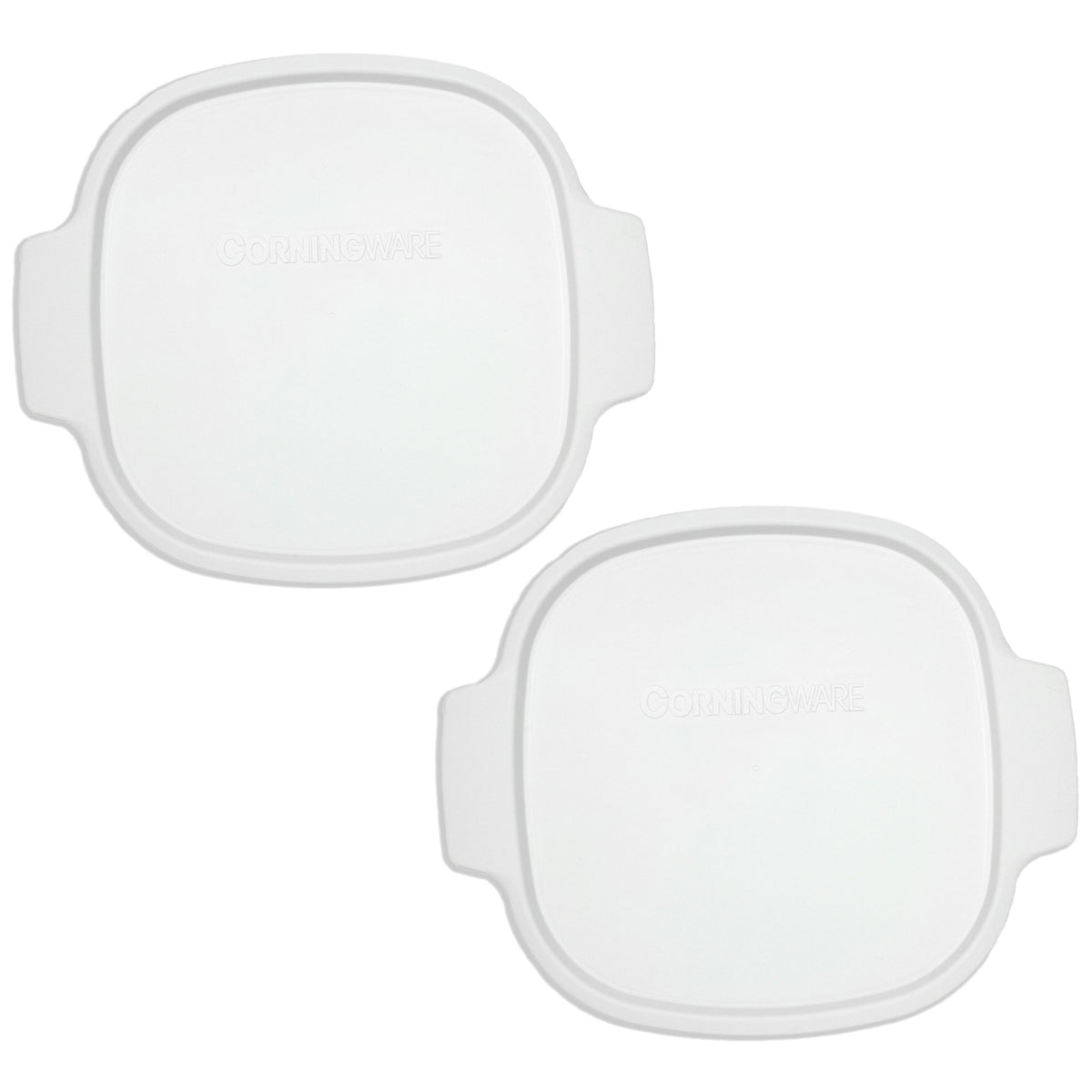 Corningware stovetop lid on square white container ensures airtight seal for leftovers.