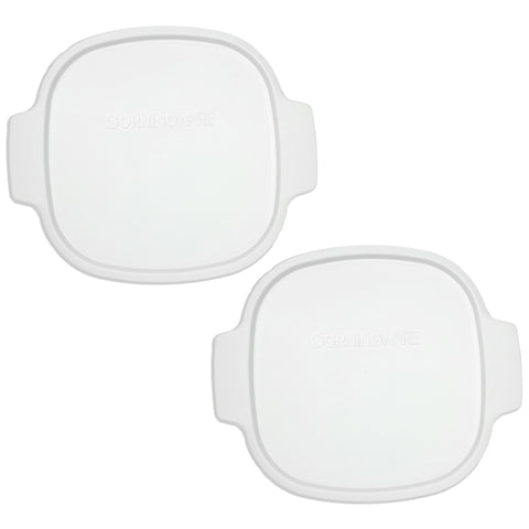 Corningware stovetop lid on square white container ensures airtight seal for leftovers.