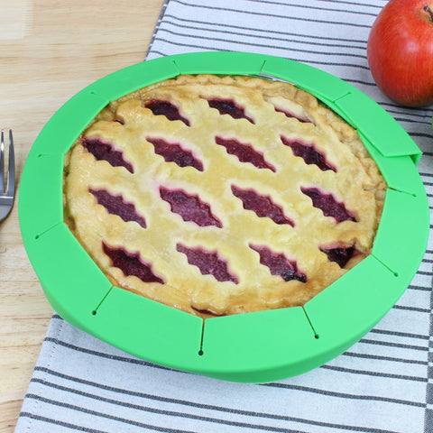 Adjustable shields fit 8.5–11 inch pies for versatile baking.