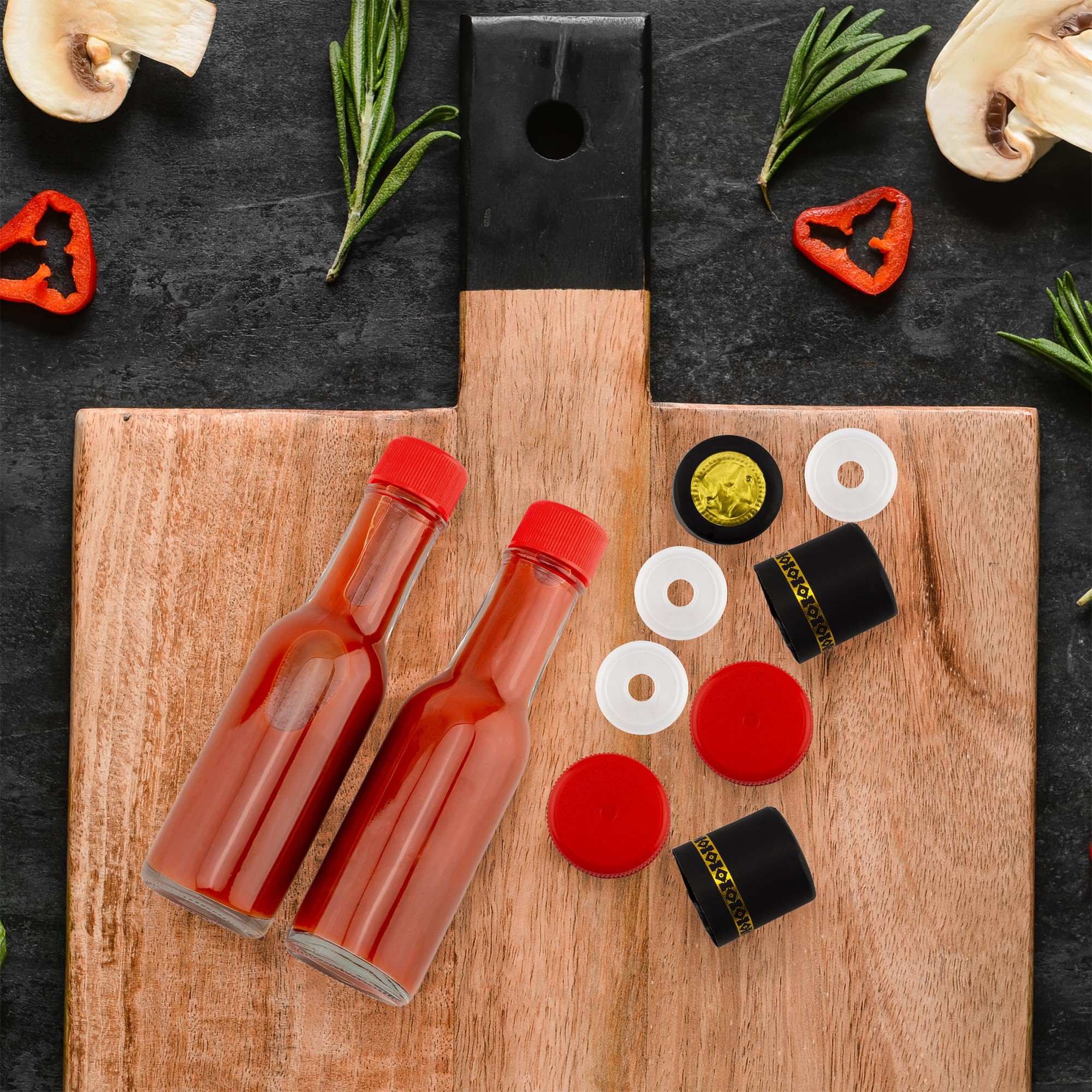 Cornucopia Brands black shrink bands securing lids for a sleek look.