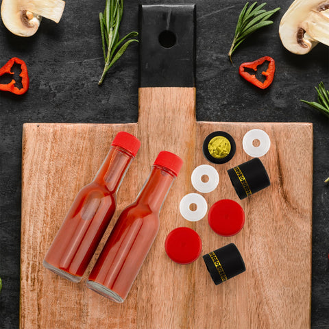 Cornucopia Brands black shrink bands securing lids for a sleek look.