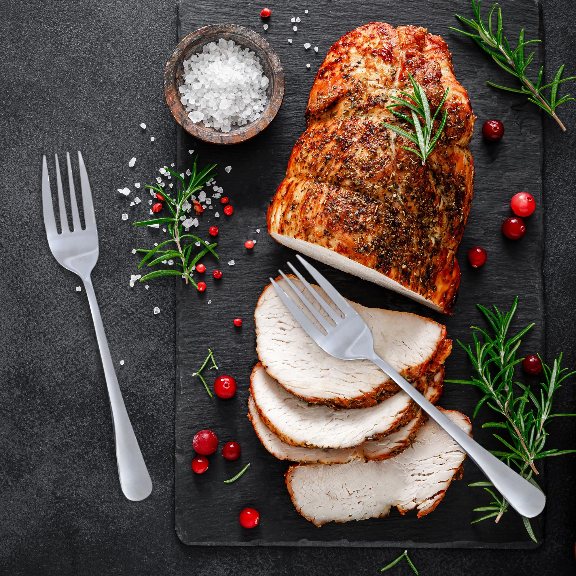 Cornucopia Brands buffet-style serving fork shown with formal dining setup.