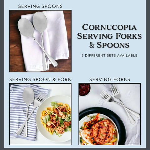 Cornucopia Brands elegant stainless tableware serving fork on polished surface.