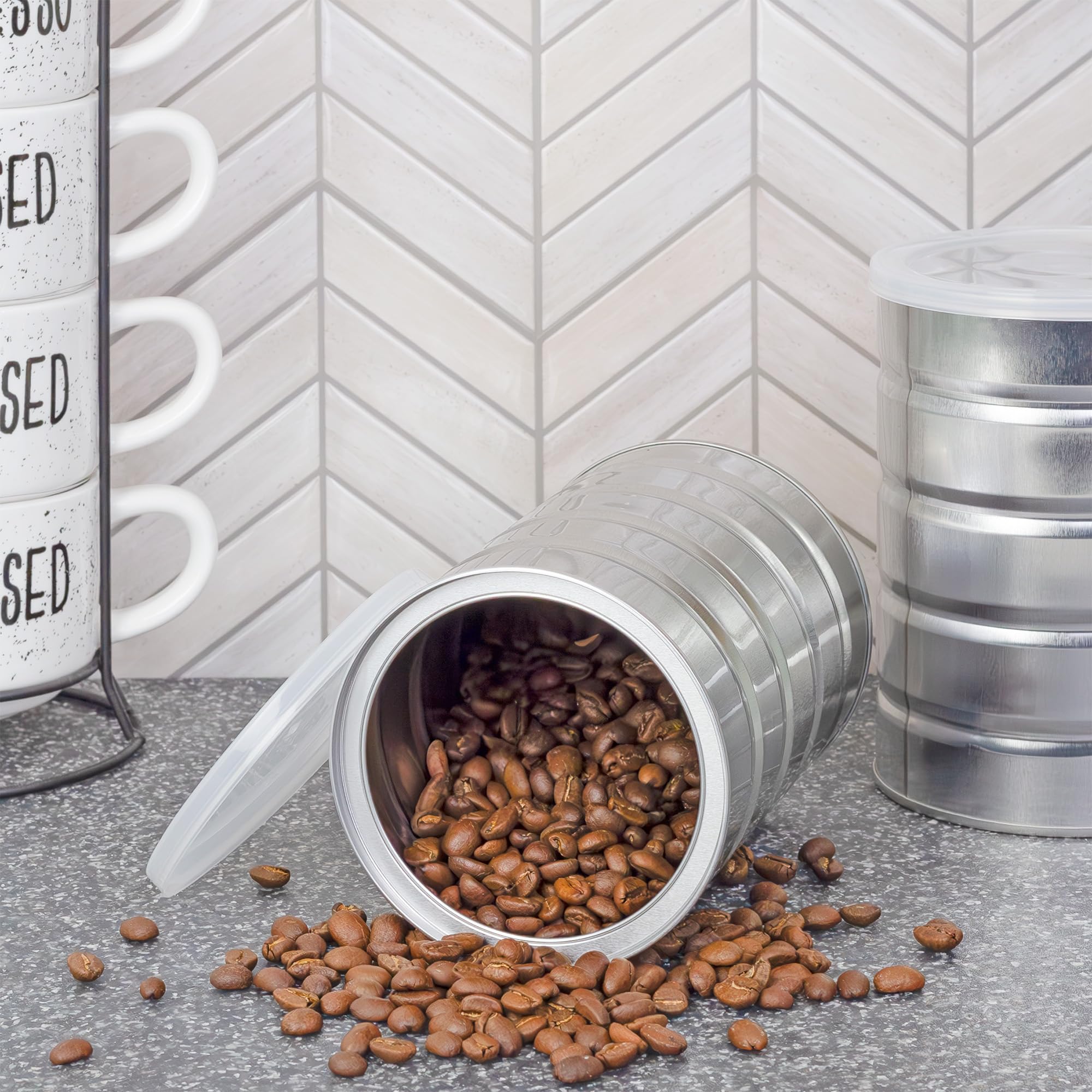 Cornucopia Brands empty coffee can with lid shown for secure storage.
