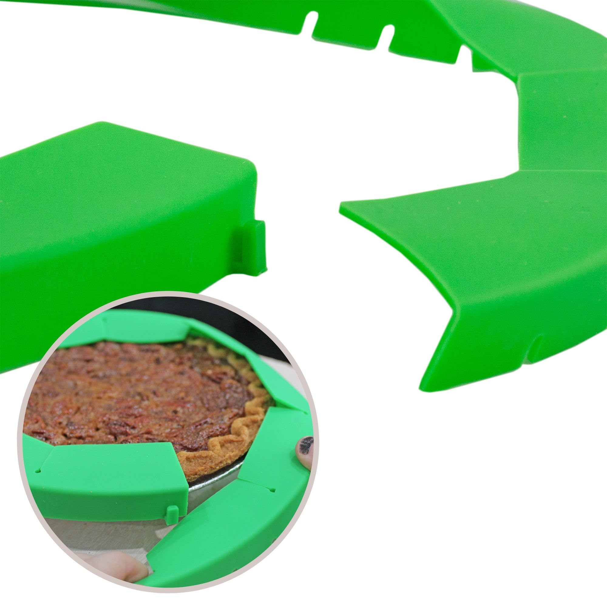 Heat-protective silicone shields in green for even baking.