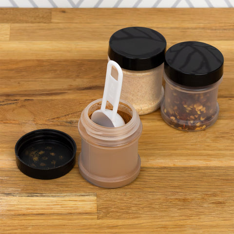 Cornucopia Brands compact spoons simplify spice shelf organization.
