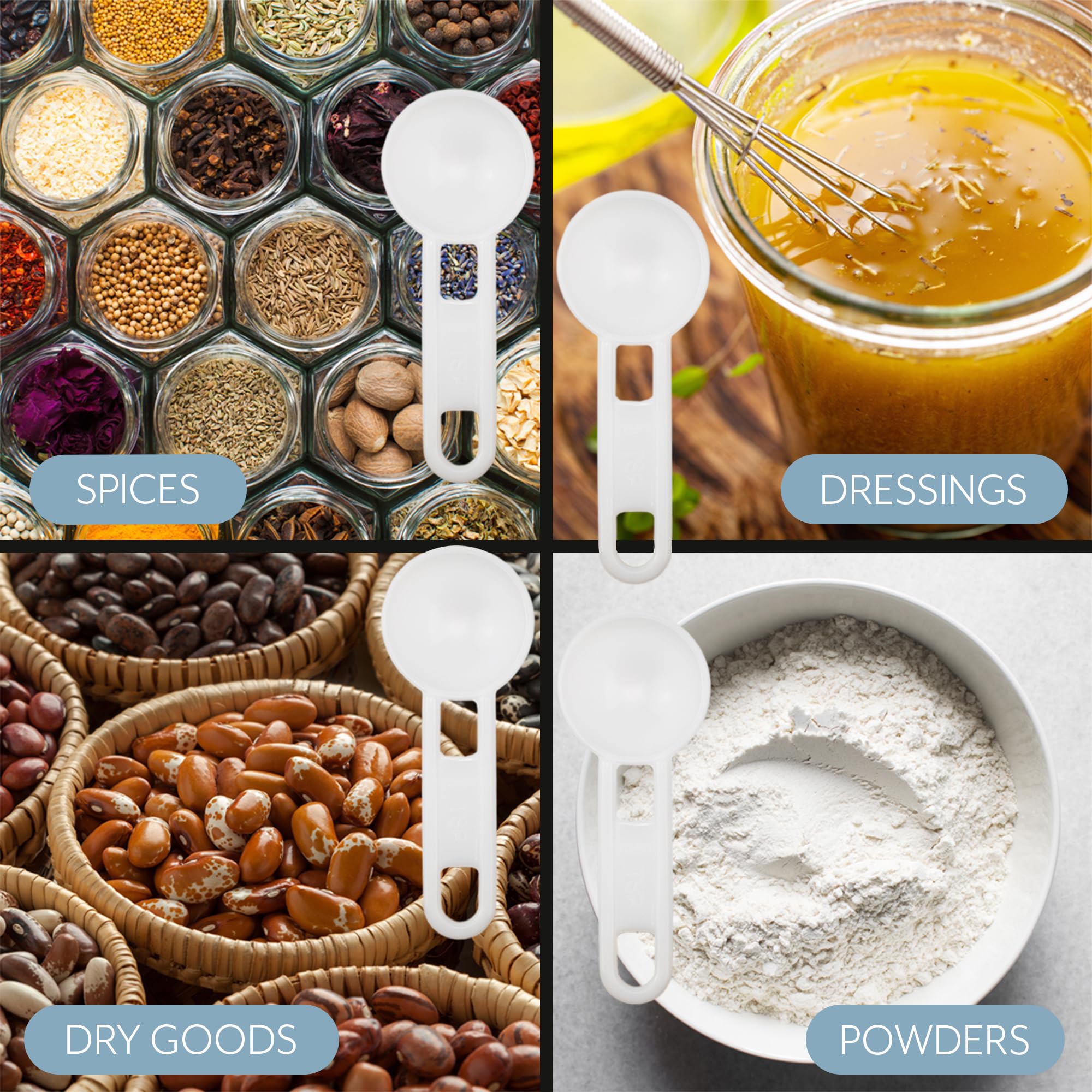 Cornucopia Brands hangable spoon design keeps spices accessible.