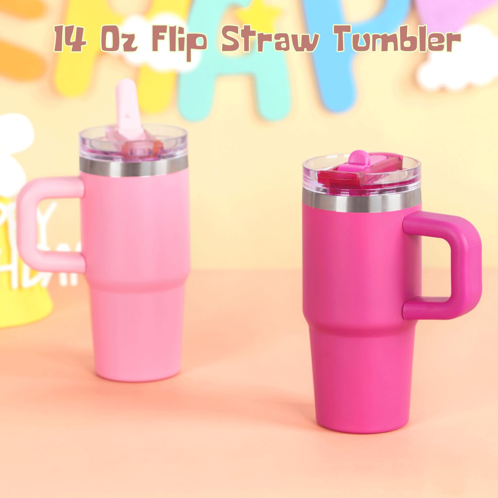 Cosictic 14oz tumbler includes wrench and straw brush for cleaning.