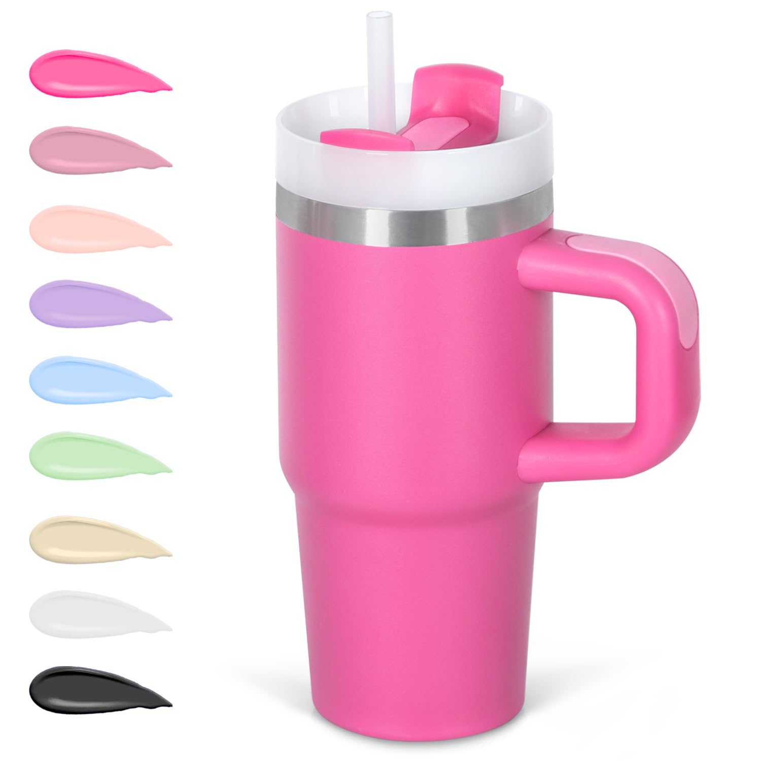Cosictic 14oz kids tumbler hot pink with handle and straw, spill-reducing for on-the-go use.