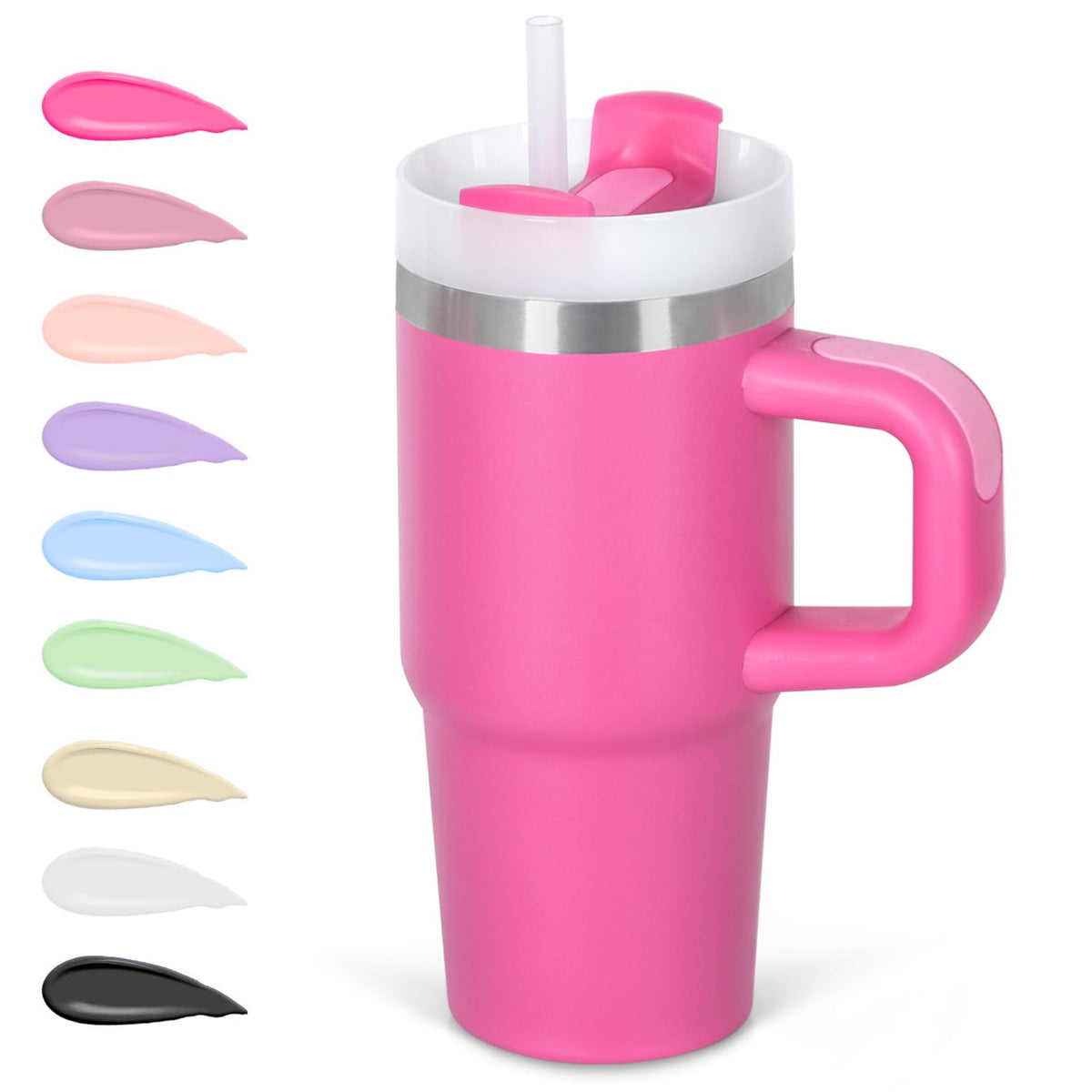 Cosictic 14oz kids tumbler hot pink with handle and straw, spill-reducing for on-the-go use.